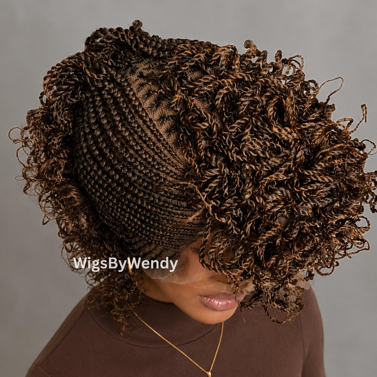 Curly Full Lace Mohawk Conrow Wig, Brown Fringe African Weave Wig With Bangs