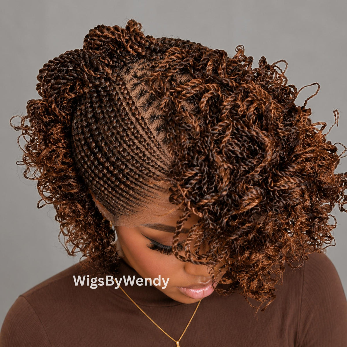 Curly Full Lace Mohawk Conrow Wig, Brown Fringe African Weave Wig With Bangs