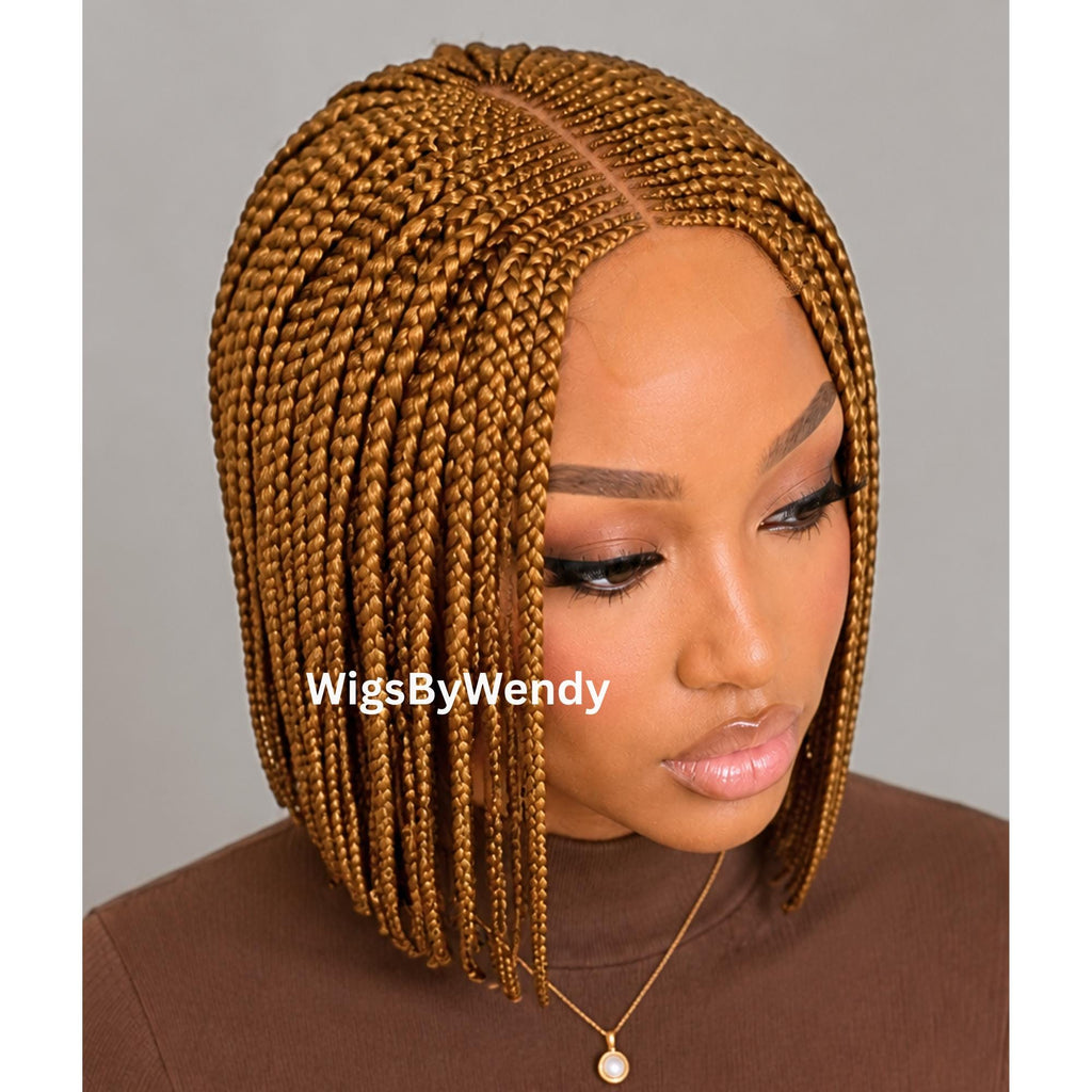 Gold Short Bob Braids Wig, Human Hair Lace Closure Lightweight Middle Part Conrow Wig