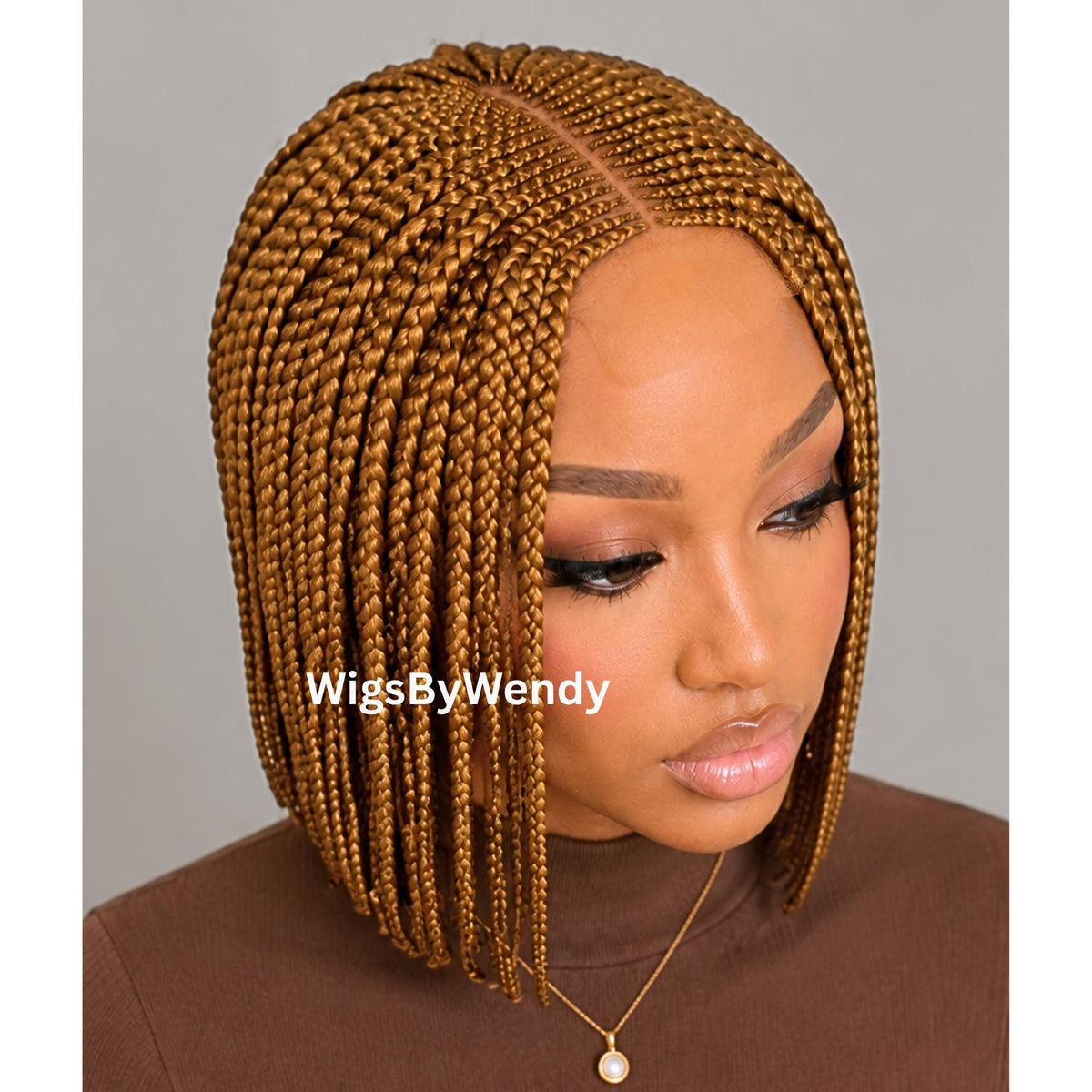 Gold Short Bob Braids Wig, Human Hair Lace Closure Lightweight Middle Part Conrow Wig