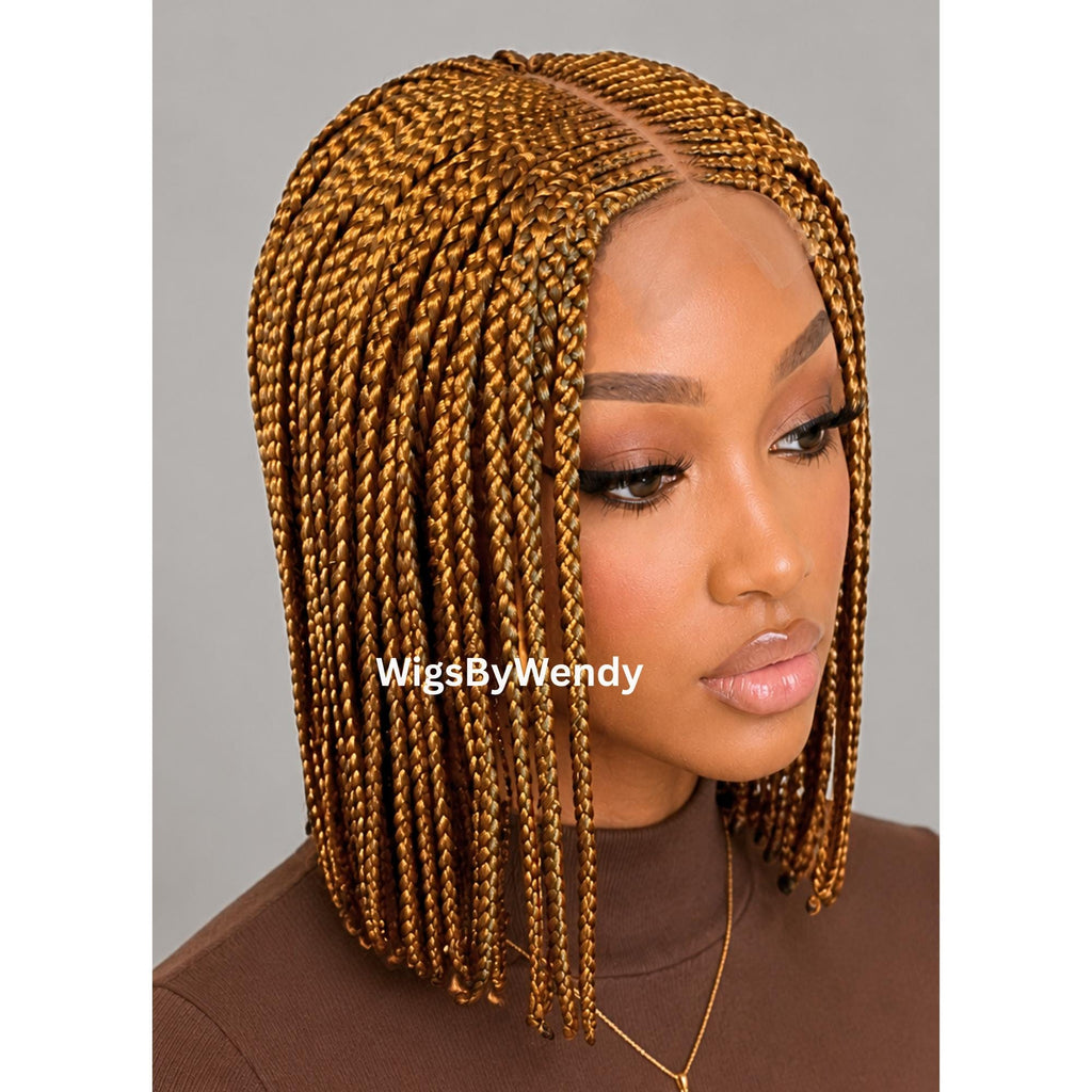 Gold Short Bob Braids Wig, Human Hair Lace Closure Lightweight Middle Part Conrow Wig