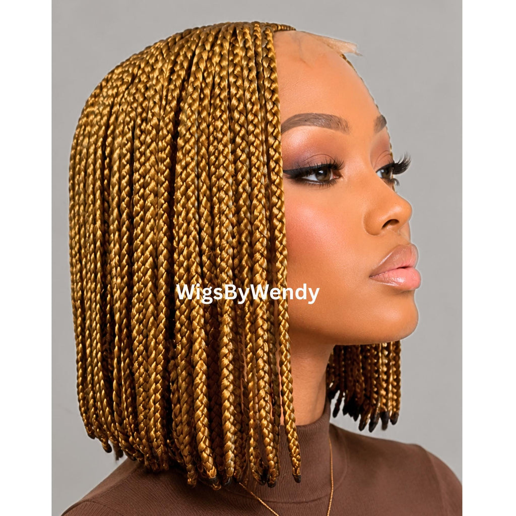 Gold Short Bob Braids Wig, Human Hair Lace Closure Lightweight Middle Part Conrow Wig