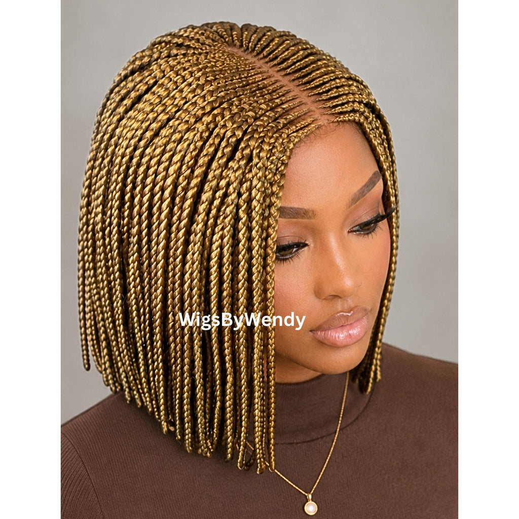Gold Short Bob Braids Wig, Human Hair Lace Closure Lightweight Middle Part Conrow Wig
