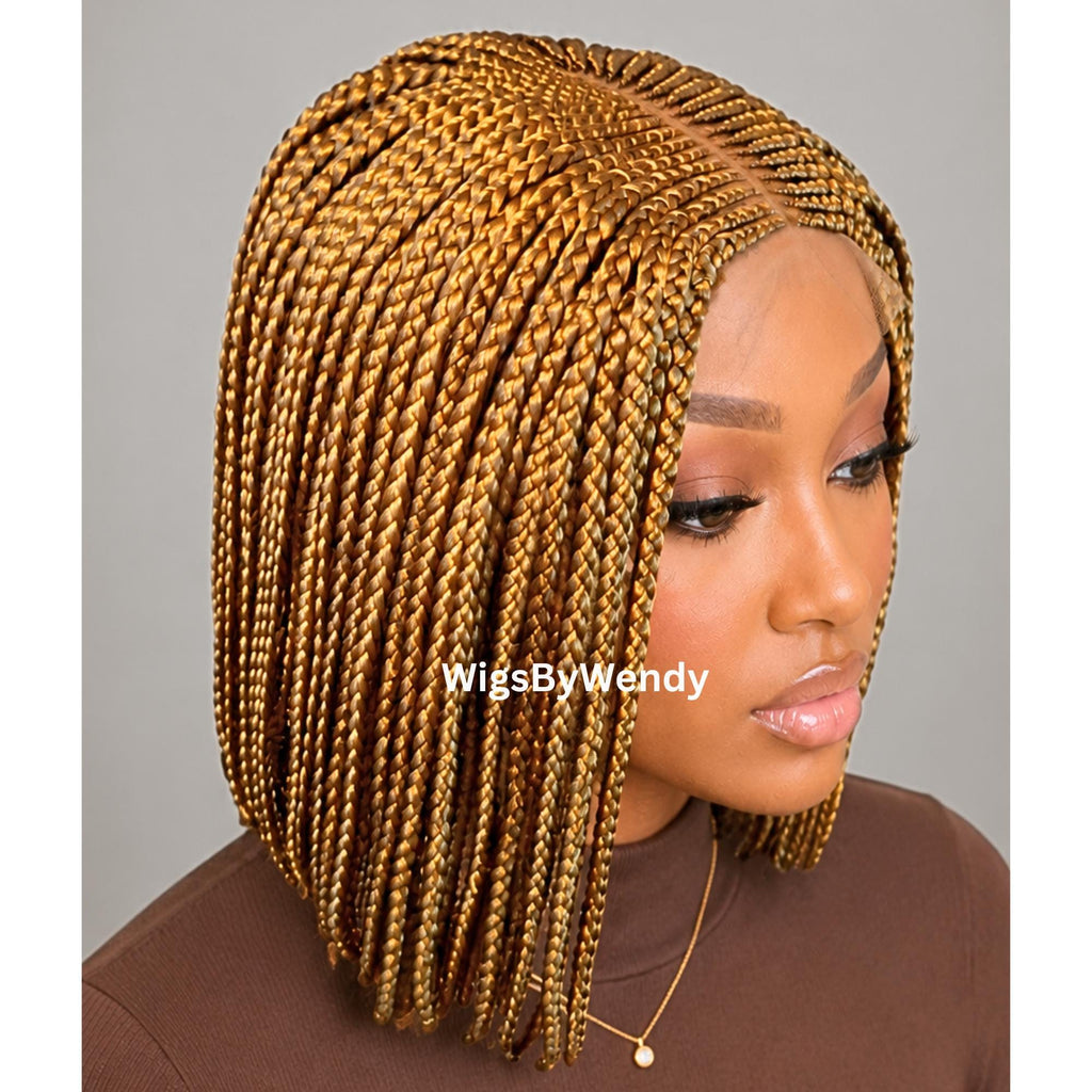 Gold Short Bob Braids Wig, Human Hair Lace Closure Lightweight Middle Part Conrow Wig