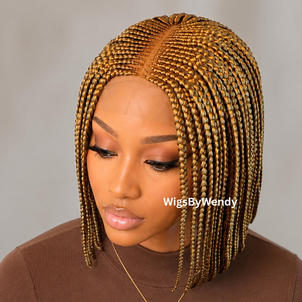 Gold Short Bob Braids Wig, Human Hair Lace Closure Lightweight Middle Part Conrow Wig