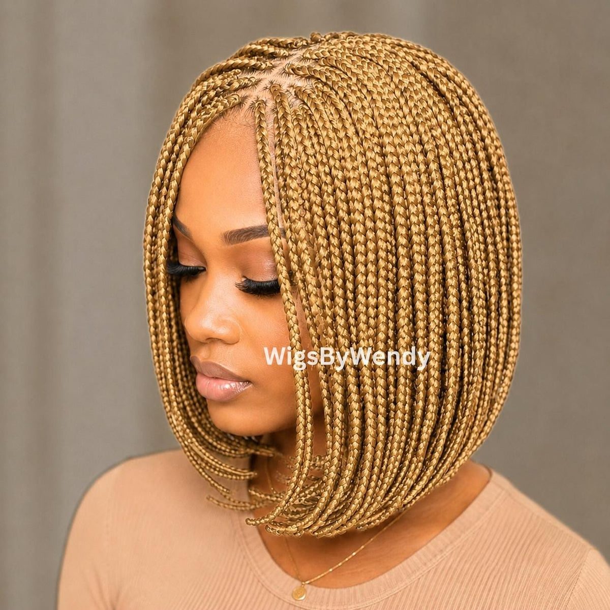 Gold Short Bob Braids Wig, Human Hair Lace Closure Lightweight Wig