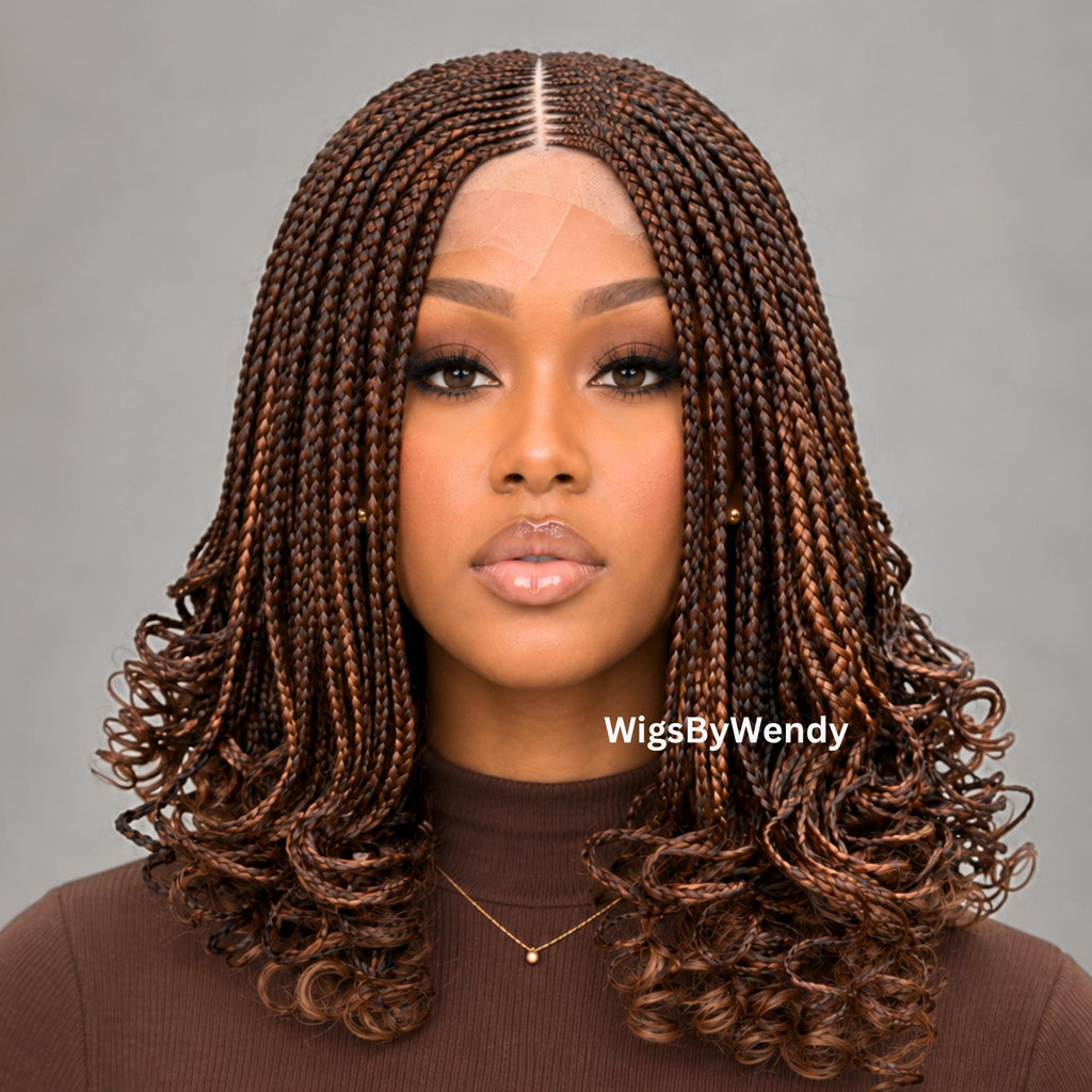 Curly Lace Closure Conrow Braided Wig, Short Bob Lightweight African Weave Wig