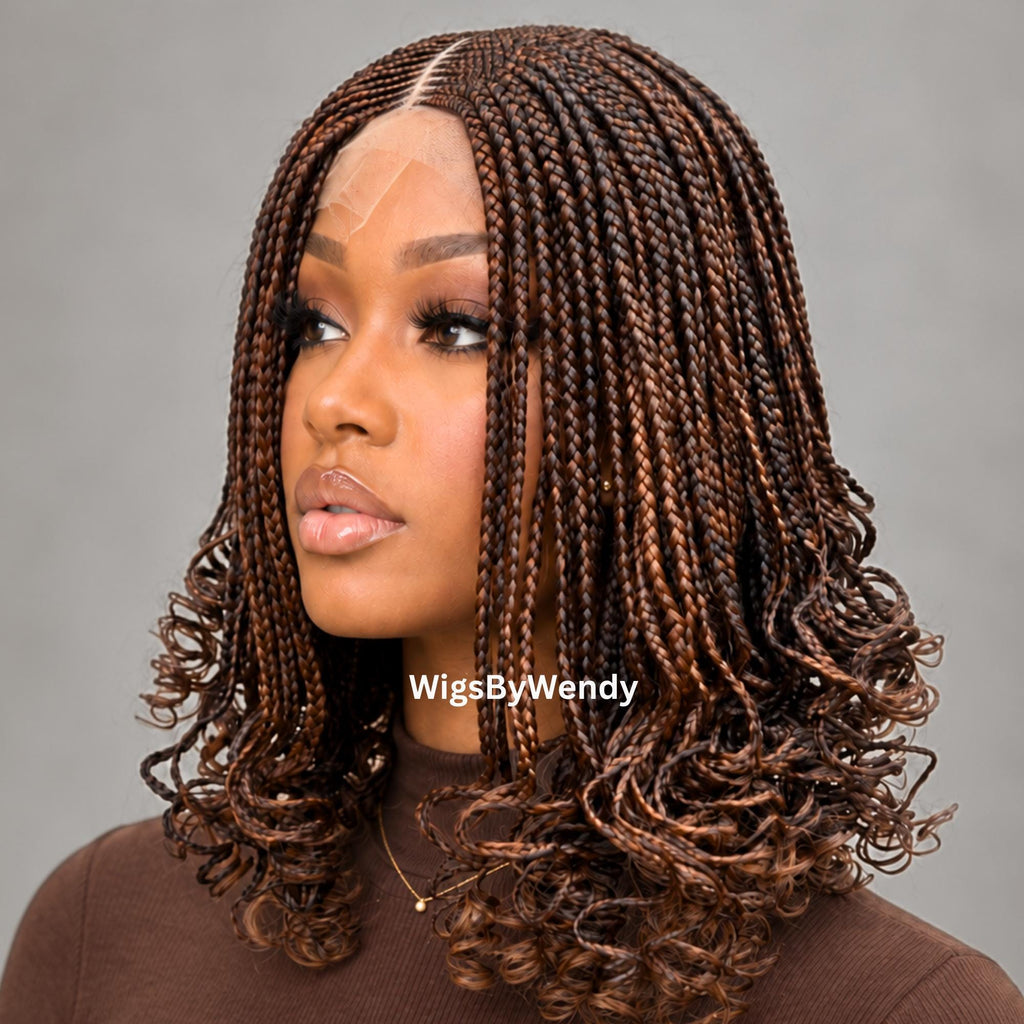 Curly Lace Closure Conrow Braided Wig, Short Bob Lightweight African Weave Wig