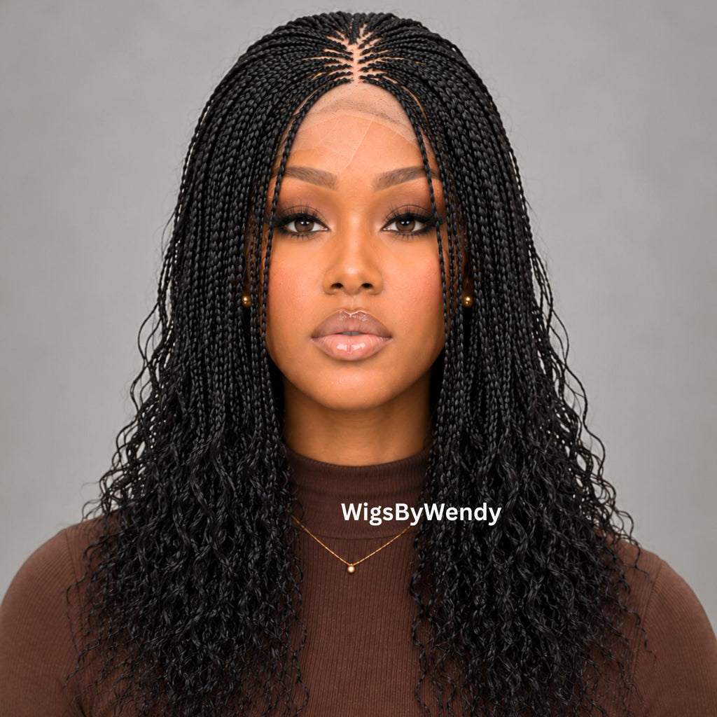 16inches Curly Lace Closure Single Box Braids Wig, Lightweight African Weave, Micro Braids Wig