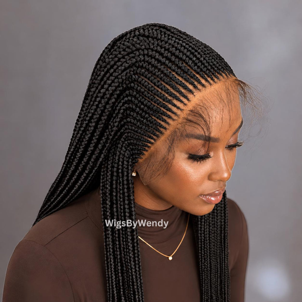 Lacce Frontal Conrow Wig, Long Single Box Braids Lightweight African Weave Wig With Baby Hair