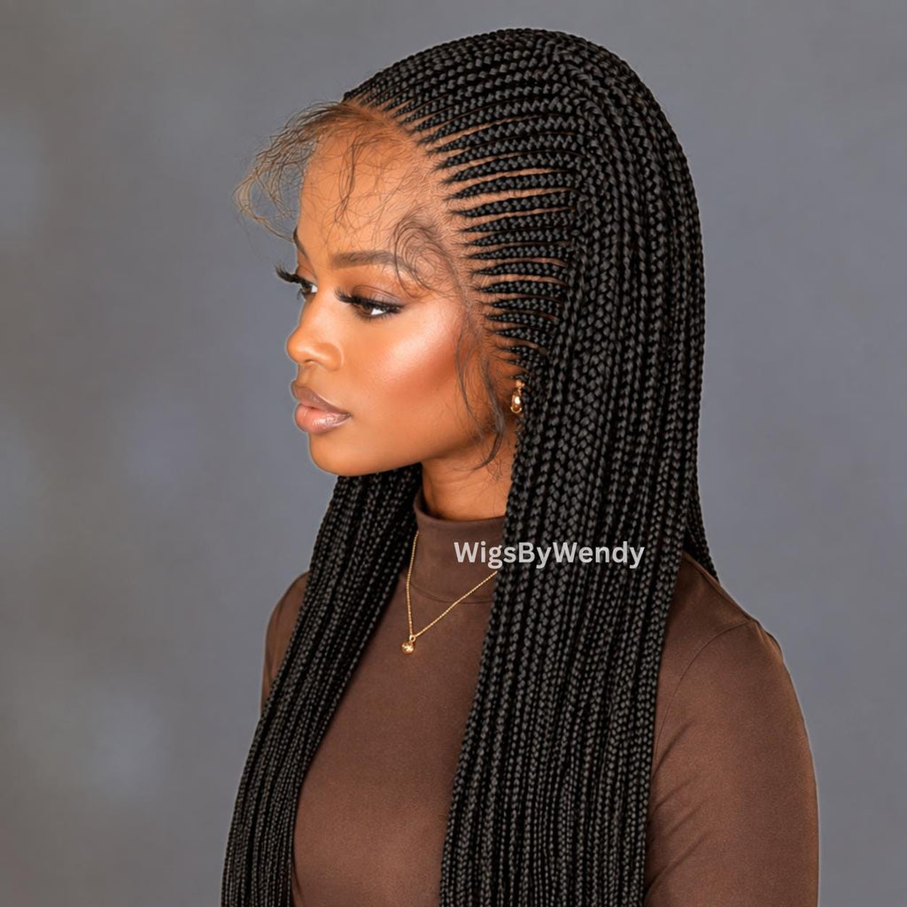 Lacce Frontal Conrow Wig, Long Single Box Braids Lightweight African Weave Wig With Baby Hair