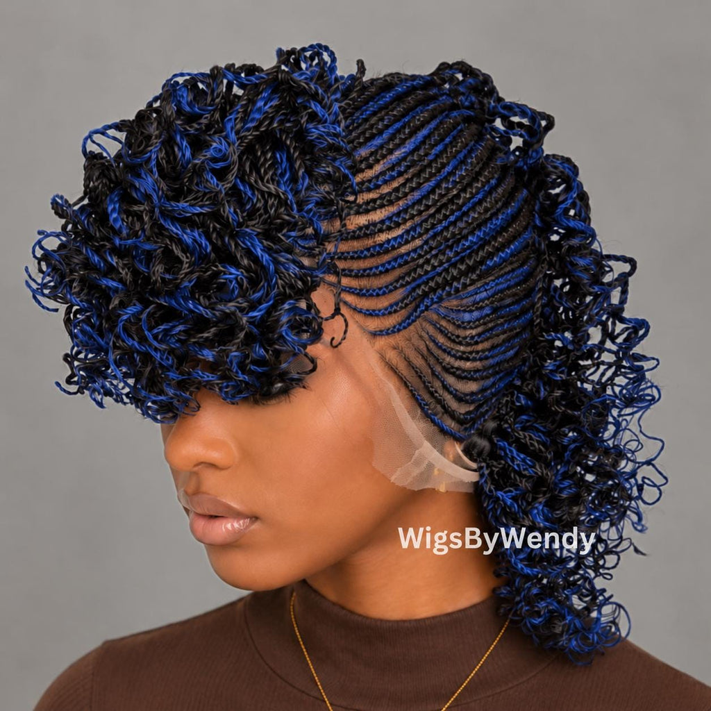 Black Blue Curly Full Lace Mohawk Conrow Wig, Brown Fringe African Weave Wig With Bangs