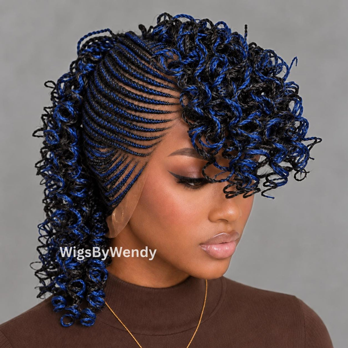 Black Blue Curly Full Lace Mohawk Conrow Wig, Brown Fringe African Weave Wig With Bangs