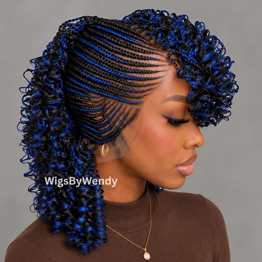 Black Blue Curly Full Lace Mohawk Conrow Wig, Brown Fringe African Weave Wig With Bangs