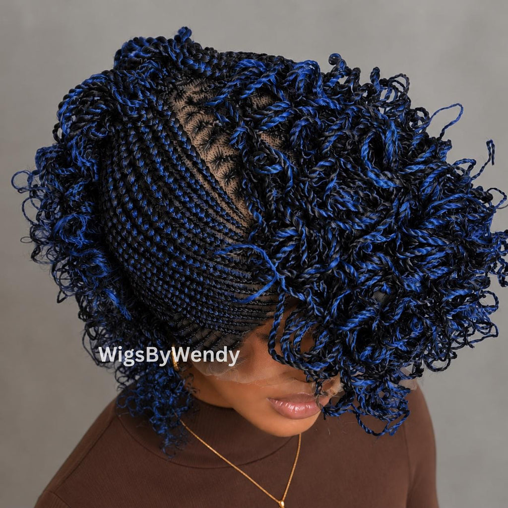 Black Blue Curly Full Lace Mohawk Conrow Wig, Brown Fringe African Weave Wig With Bangs