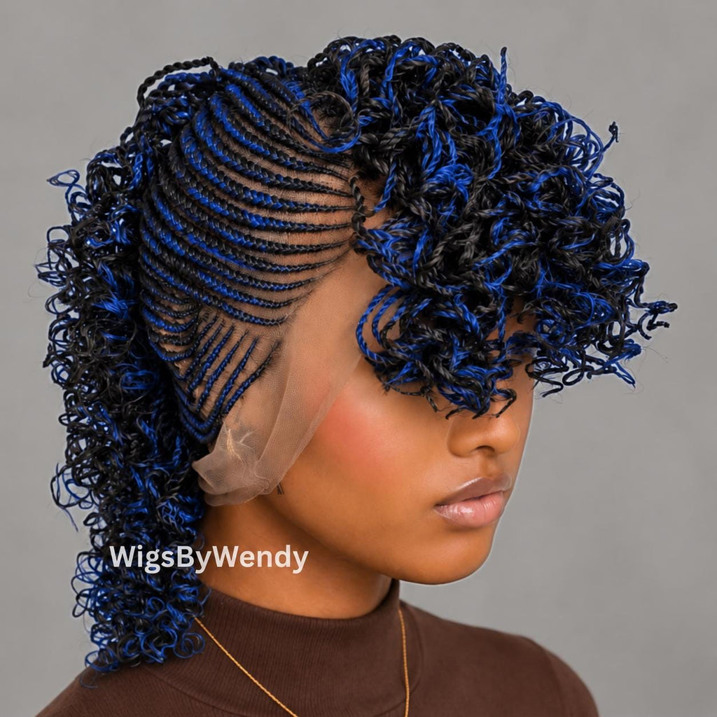 Black Blue Curly Full Lace Mohawk Conrow Wig, Brown Fringe African Weave Wig With Bangs