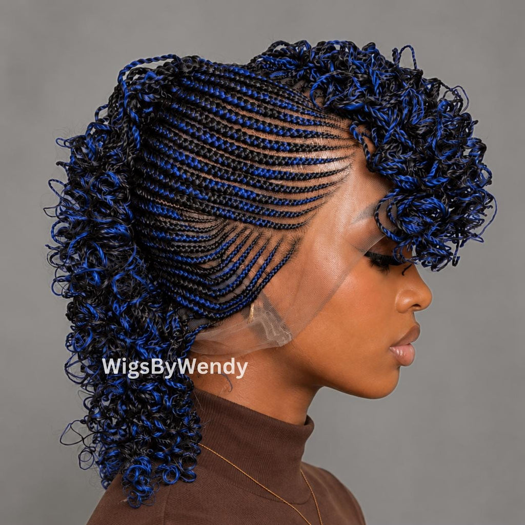 Black Blue Curly Full Lace Mohawk Conrow Wig, Brown Fringe African Weave Wig With Bangs