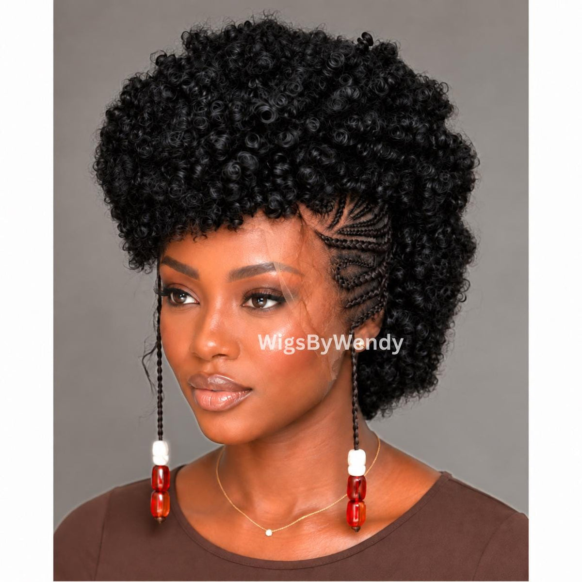 Short Afro Puff Braided Full Lace Mohawk Cornrow wig, Tribal Updo Braids With Beads