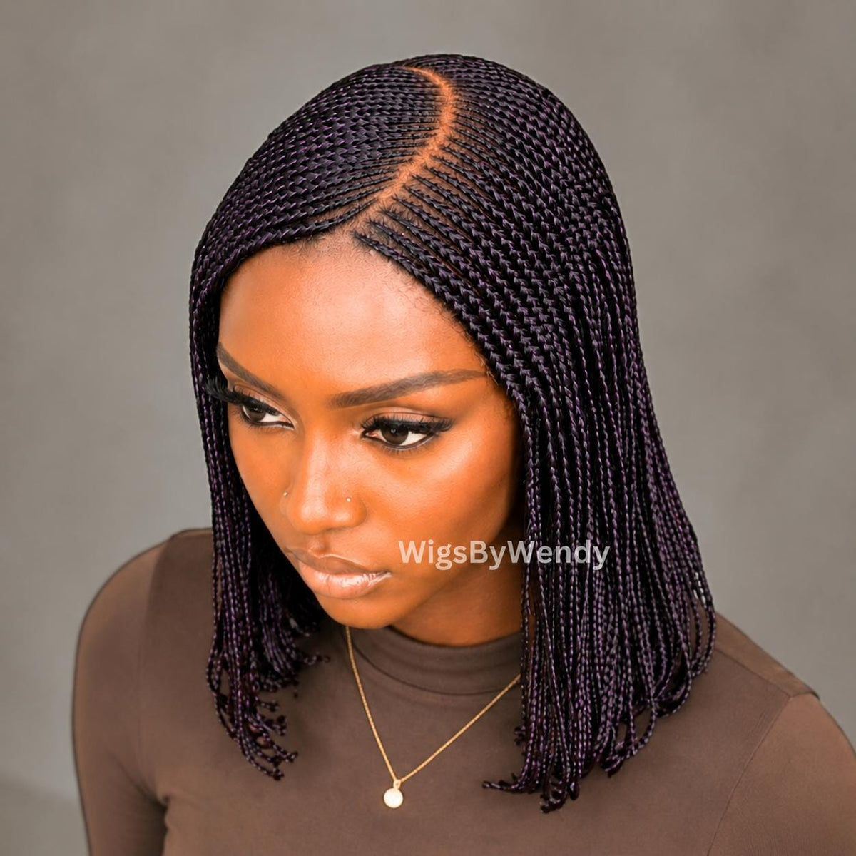 Black Purple Short Bob Braids Wig, Human Hair Lace Closure Lightweight Wig
