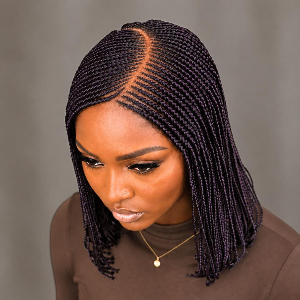 Black Purple Short Bob Braids Wig, Human Hair Lace Closure Lightweight Wig