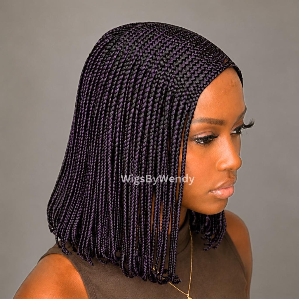 Black Purple Short Bob Braids Wig, Human Hair Lace Closure Lightweight Wig